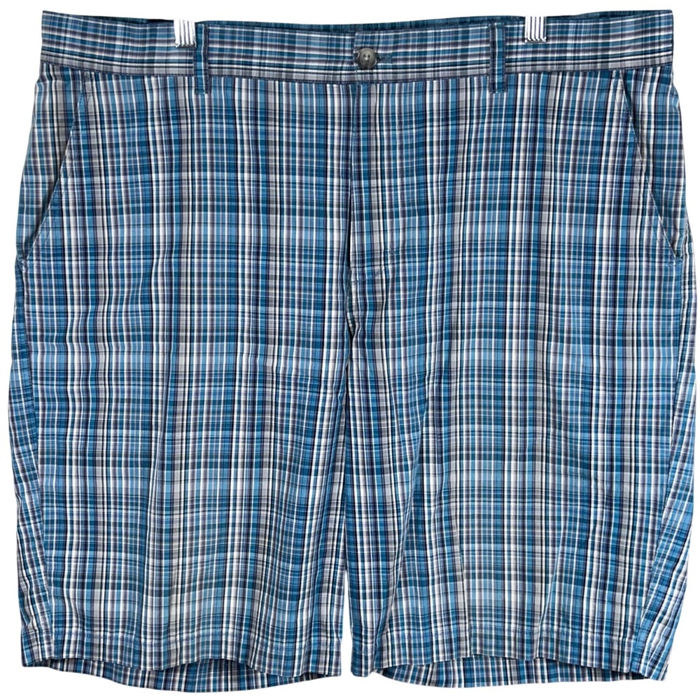 IZOD Mens Blue Plaid Flat Front 100% Cotton Shorts Size 40 Outdoor Comfort